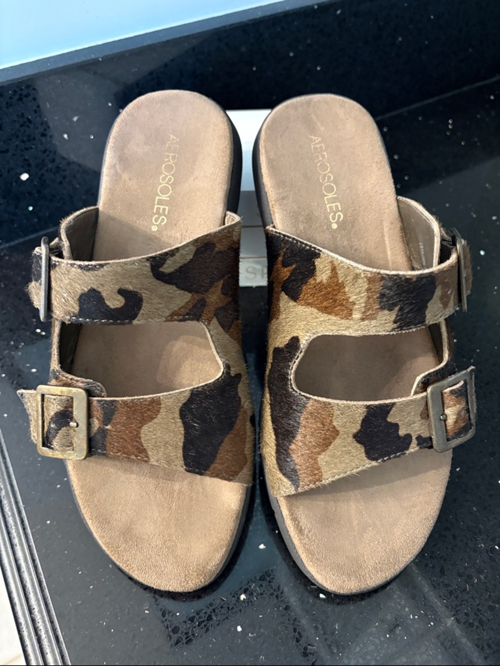 AEROSOLES Camo Double Strap Adjustable Buckle Slide Sandals Moleskin Footbed